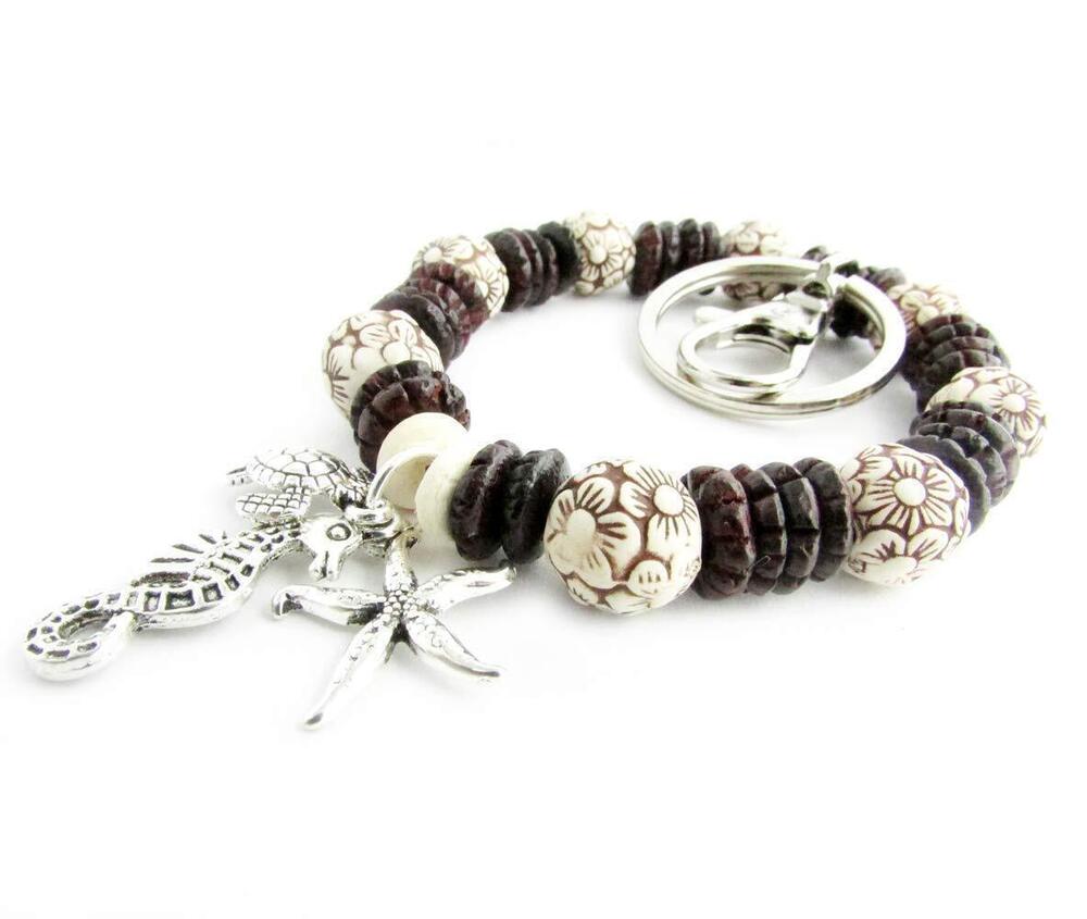 9619 Keychain Beach Charm Bracelet - Wood Bead Stretch Keyring for Wrist